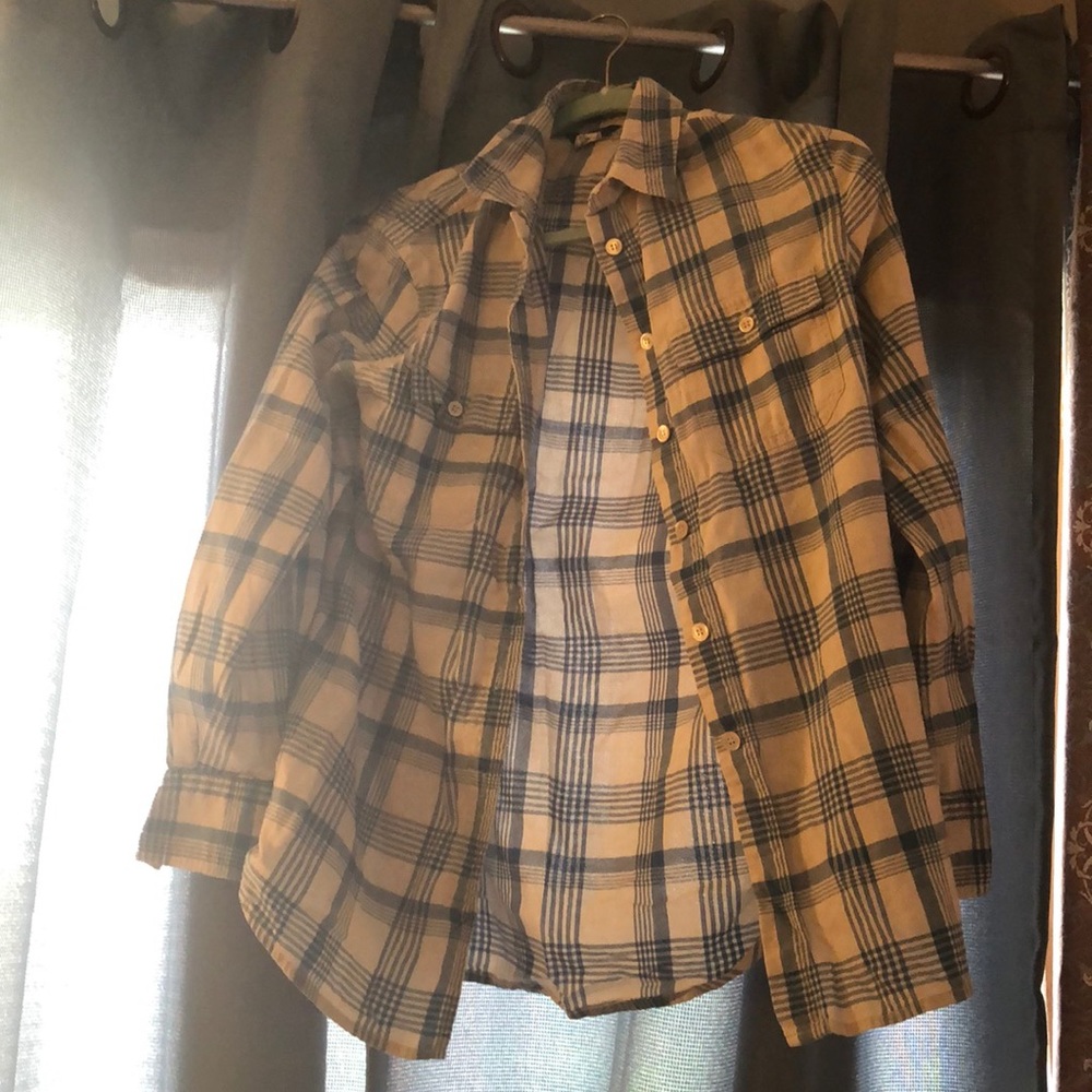 Blue and cream plaid button down shirt